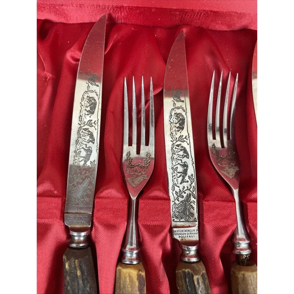 Anton Wingen Jr Solingen-Germany 9 pcs Rostfrei Flatware Stag Knife Fork Set